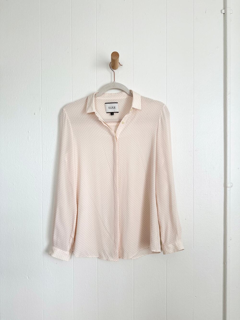 Thomas Pink Cream Apricot Polka Dot 100% Silk Button Down Blouse Shirt US 4